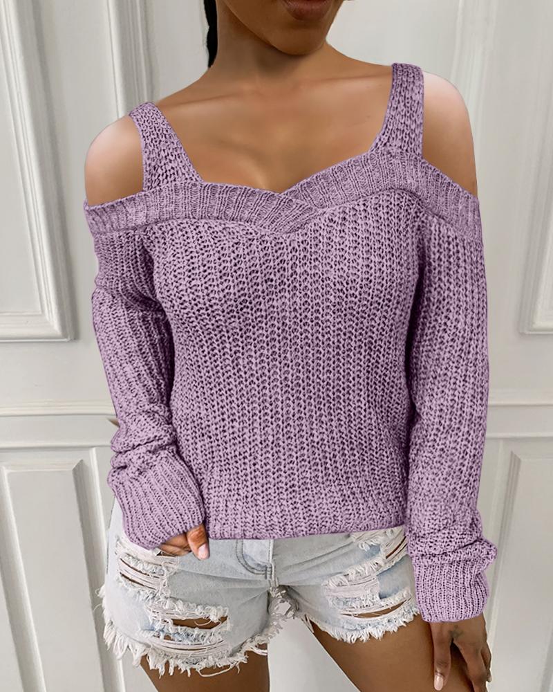 

Plain Long Sleeve Cold Shoulder Sweater, Purple