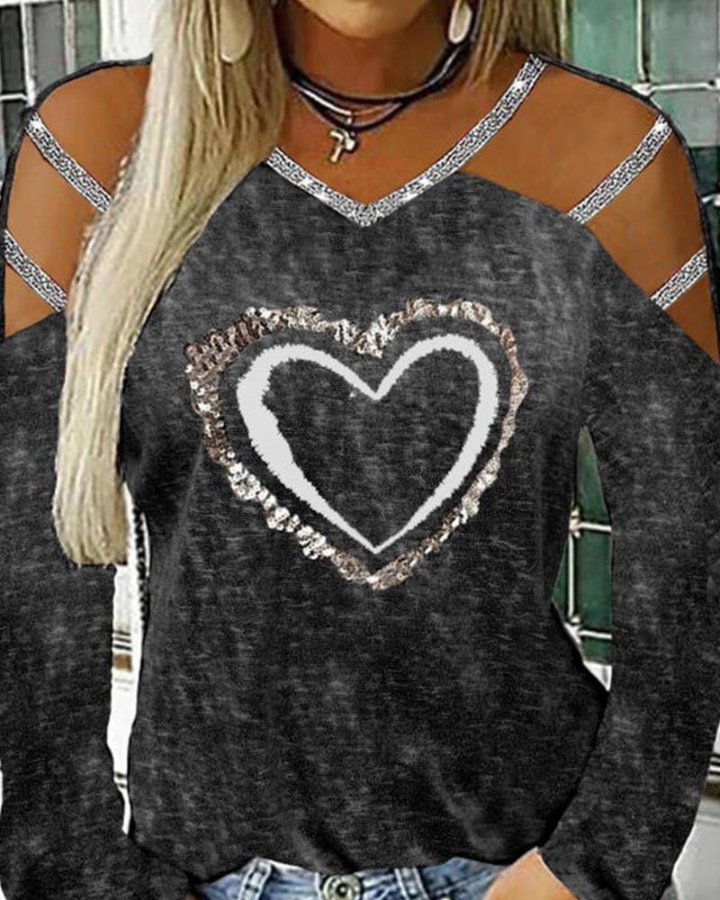 

Glitter Heart Cut-out Long Sleeve Loose T-shirts, Dark grey