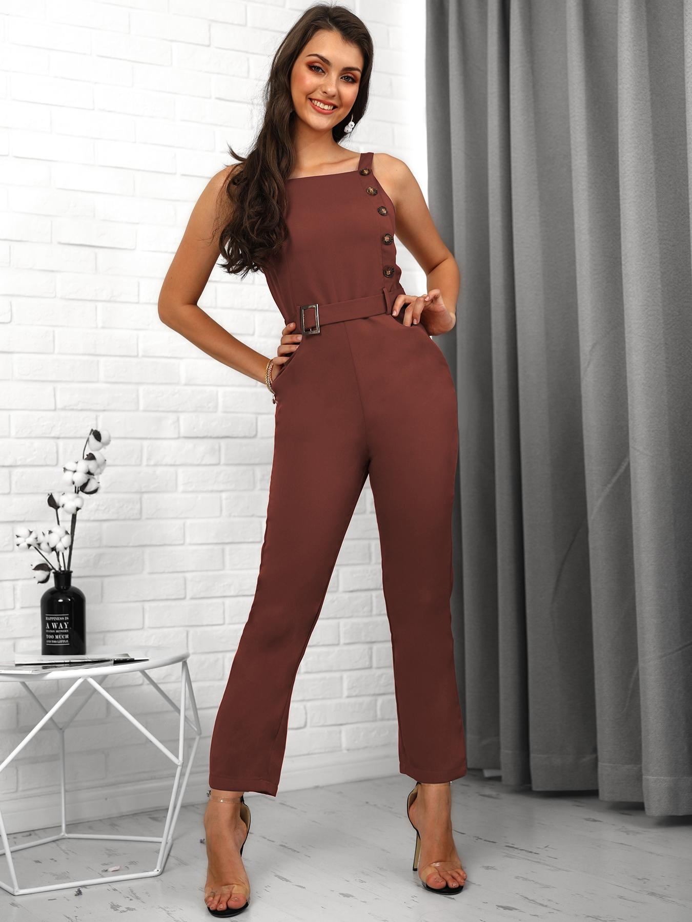 

Sleeveless Solid Color Button Design Jumpsuit, Brown