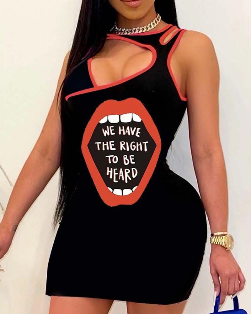 

Lip Letter Print Cutout Black Mini Dress