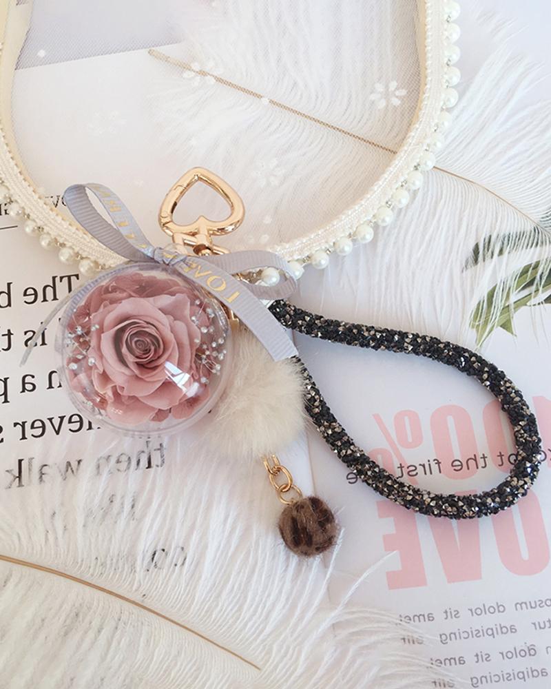 

Pom Pom Transparent Ball Eternal Rose Keychain, Pink