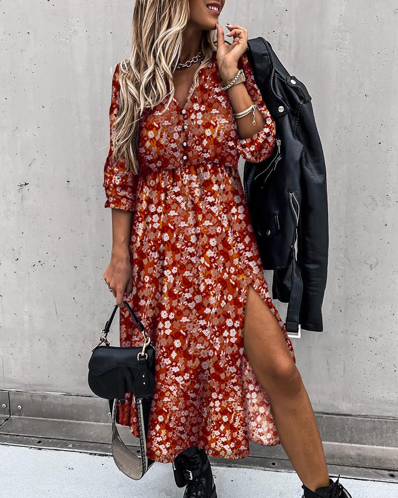 

Button Design Floral Print High Slit Maxi Women Dress, Multicolor