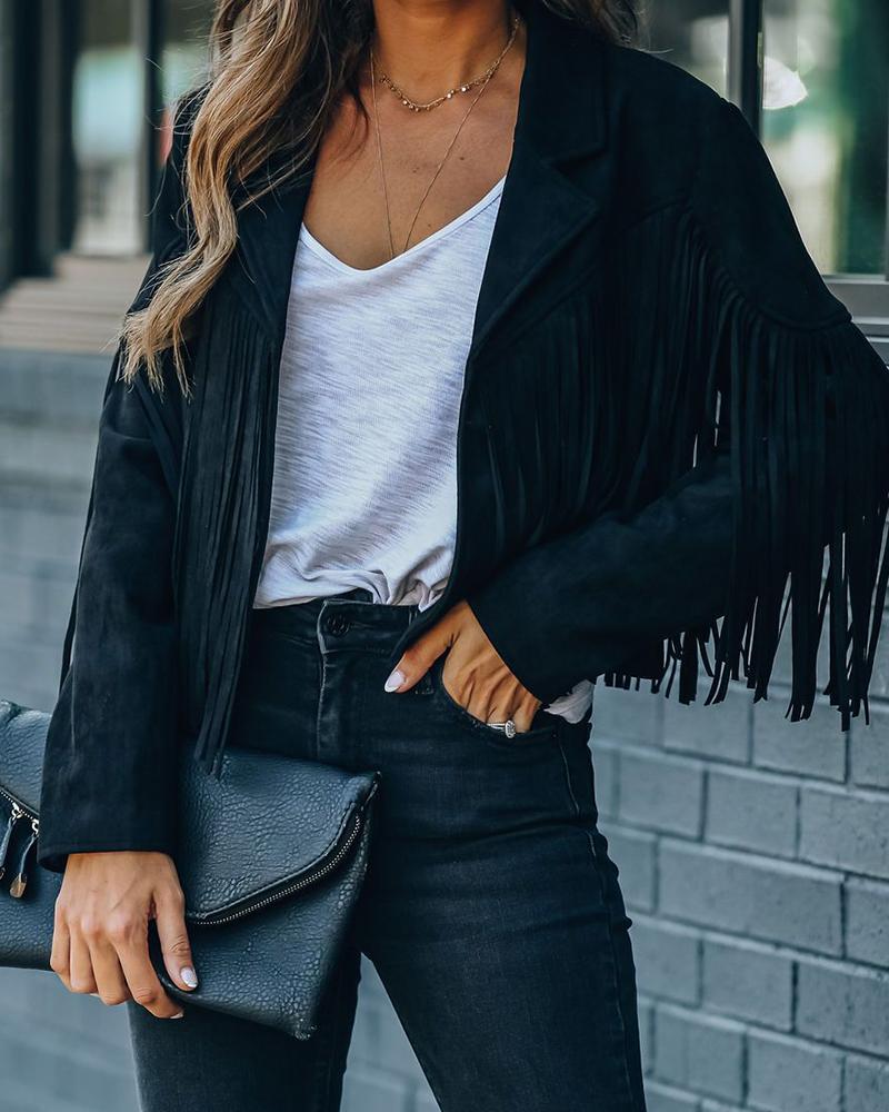 

Tassel Design Plain Blazer Coat, Black