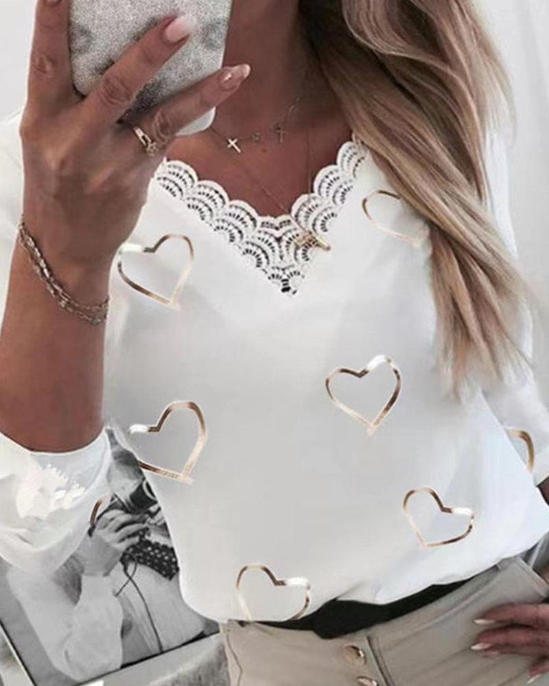 

Heart Print Lace Trim Long Sleeve Women Top, White