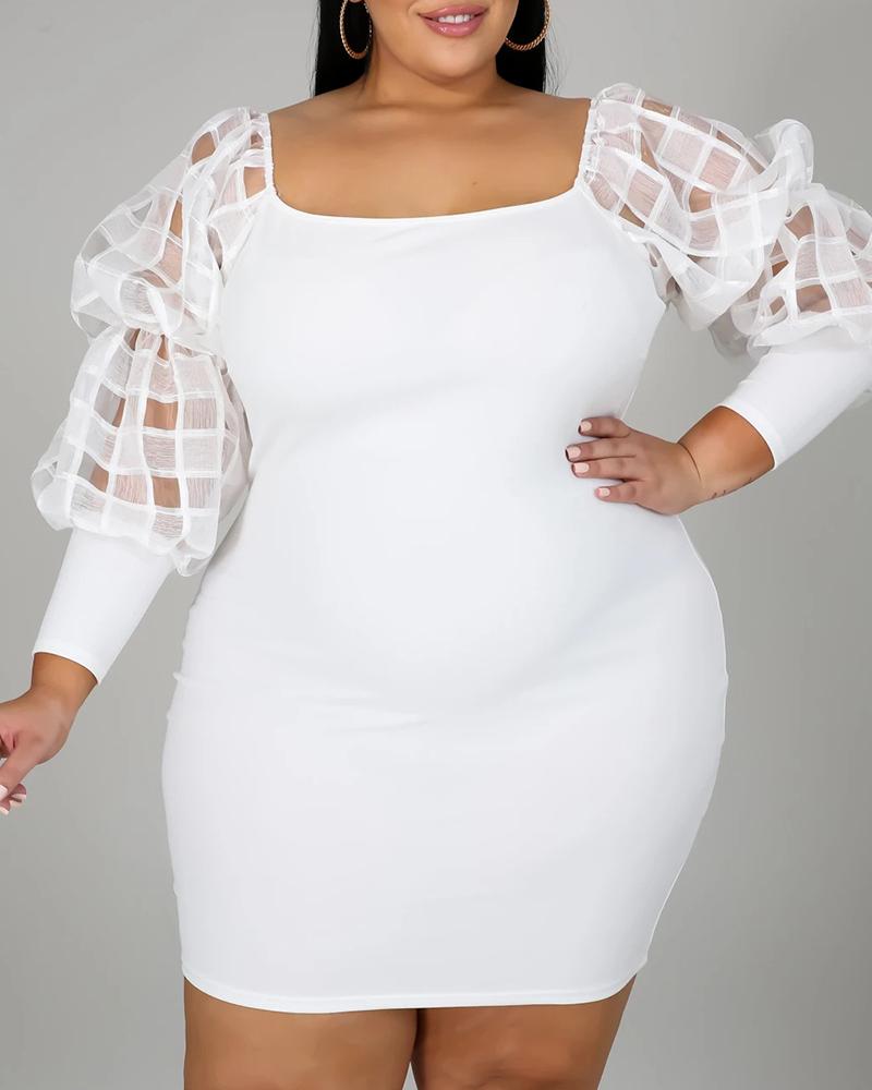 

Plus Size Sheer Mesh Lantern Sleeve Bodycon Dress, White
