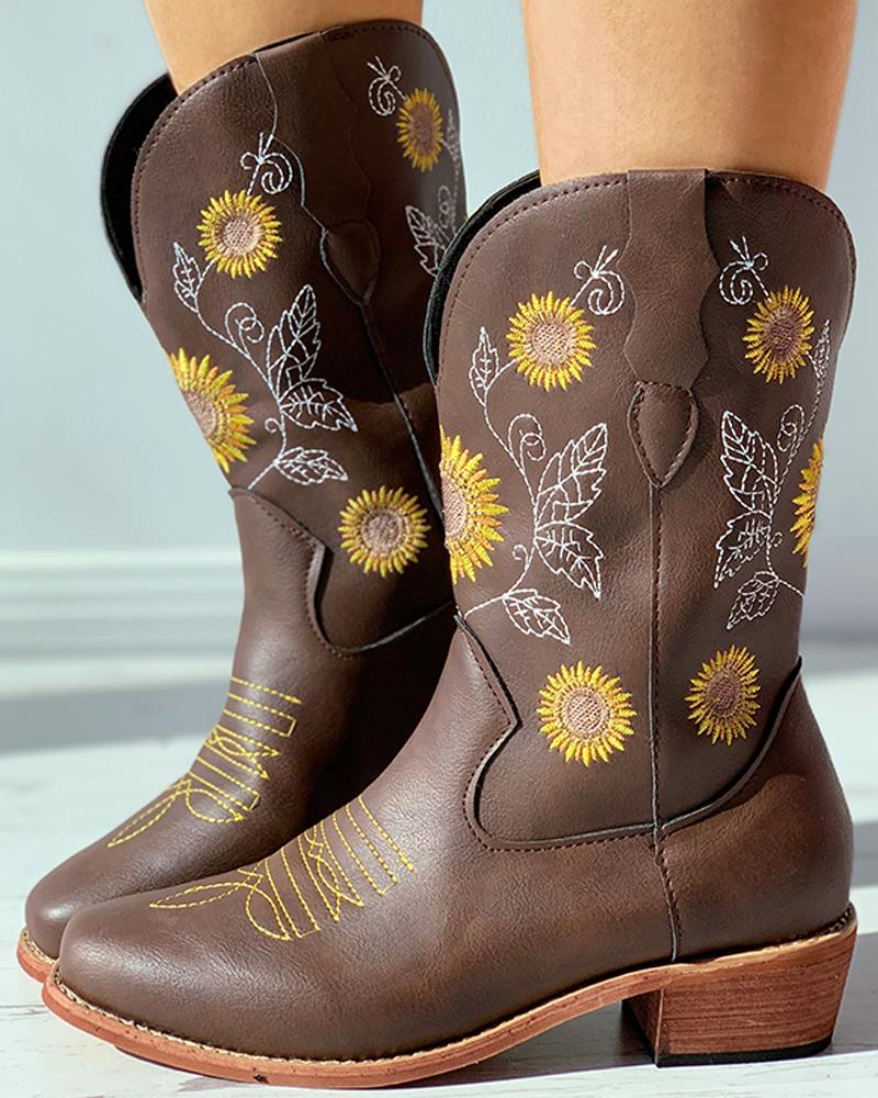 

Floral Embroidery PU / Suded Chunky Boots, Brown