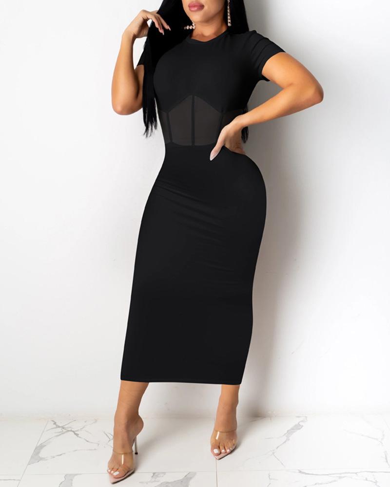 

Sheer Mesh Short Sleeve Maxi Dress, Black
