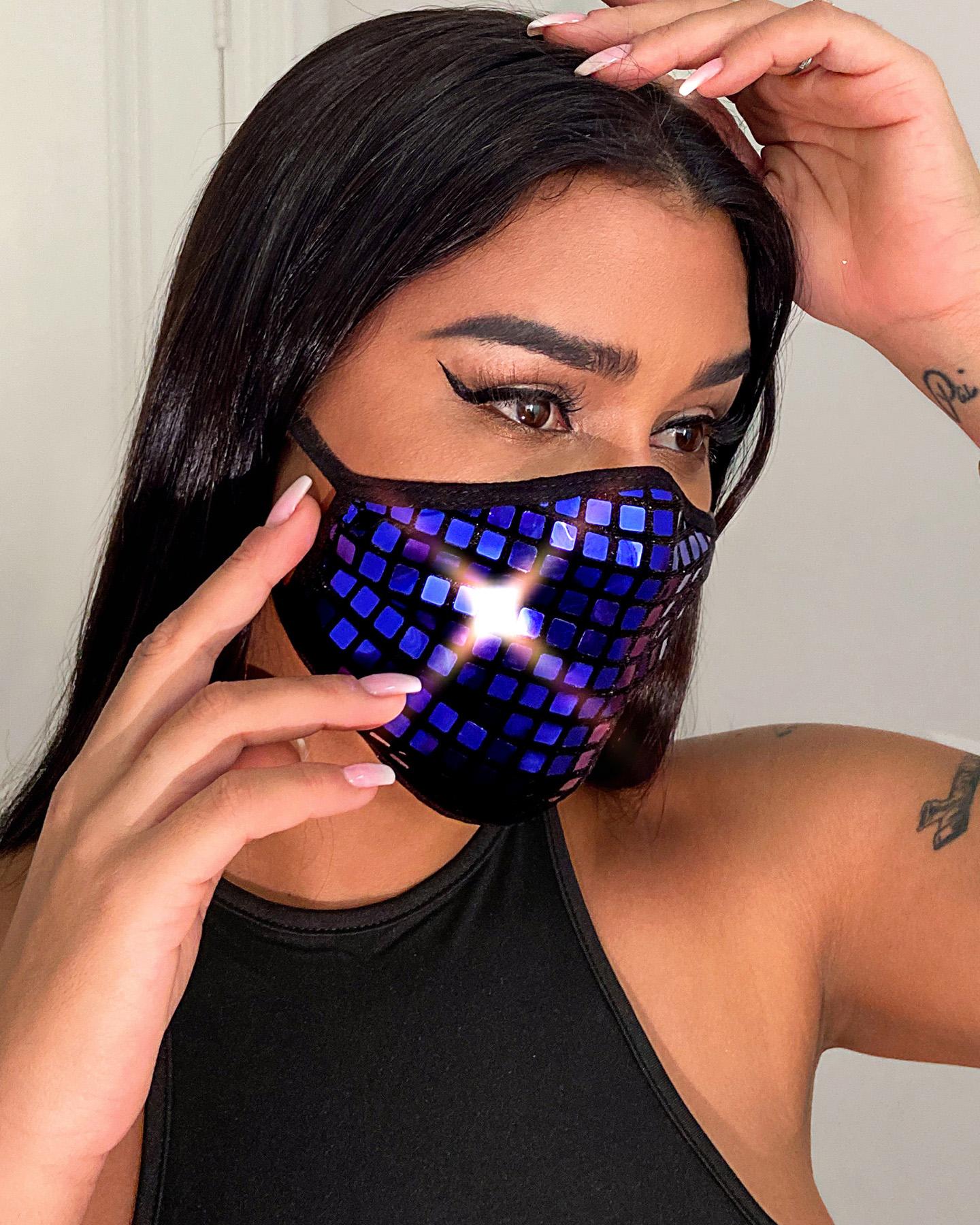 

Glitter Grid Pattern Breathable Ear Loop Mouth Mask Reusable, Blue
