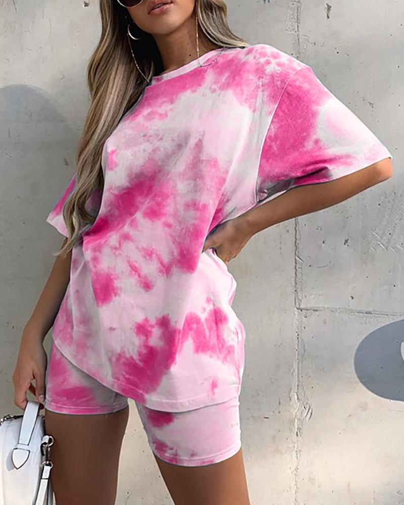 

Tie Dye Print Short Sleeve Casual Top & Shorts Set, Pink