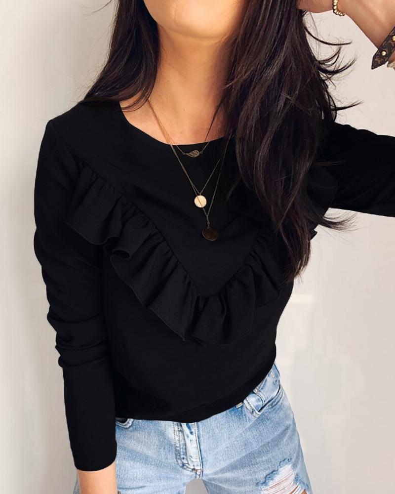 

Ruffles Design Round Neck Long Sleeve Women Blouse, Black