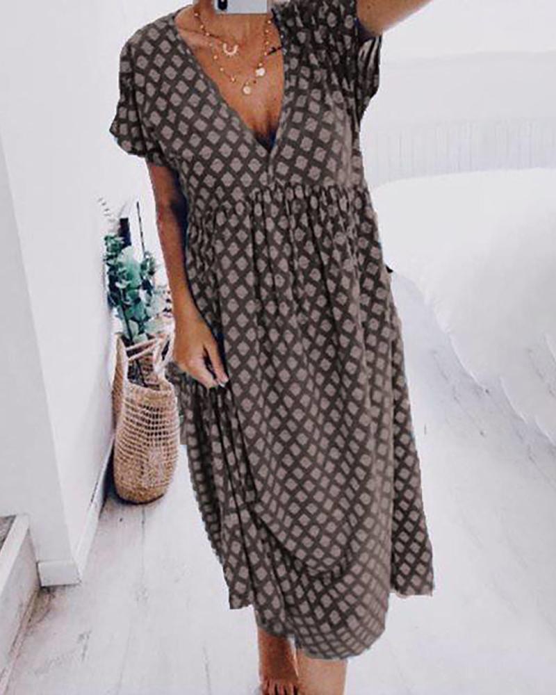 

Retro Print Pocket Design Plunge Casual Women Dress, Gray