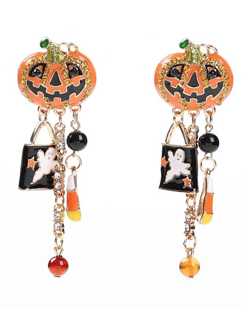 

Halloween Pumpkin Pattern Studded Drop Dangle Earrings, Yellow