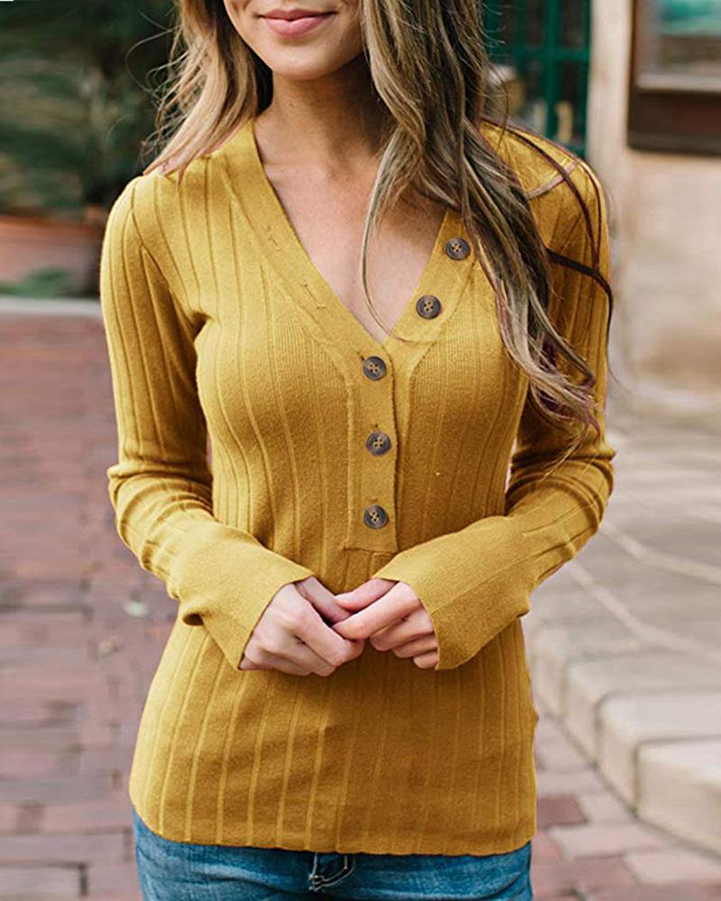 

Button Design Long Sleeve Knit Top, Yellow