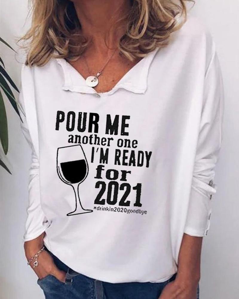 

Letter And Wine Glass Print Long Sleeve Blouse, White