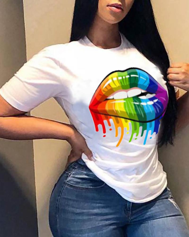 

Graphic Lip Print Short Sleeve Casual T-shirt, Style4