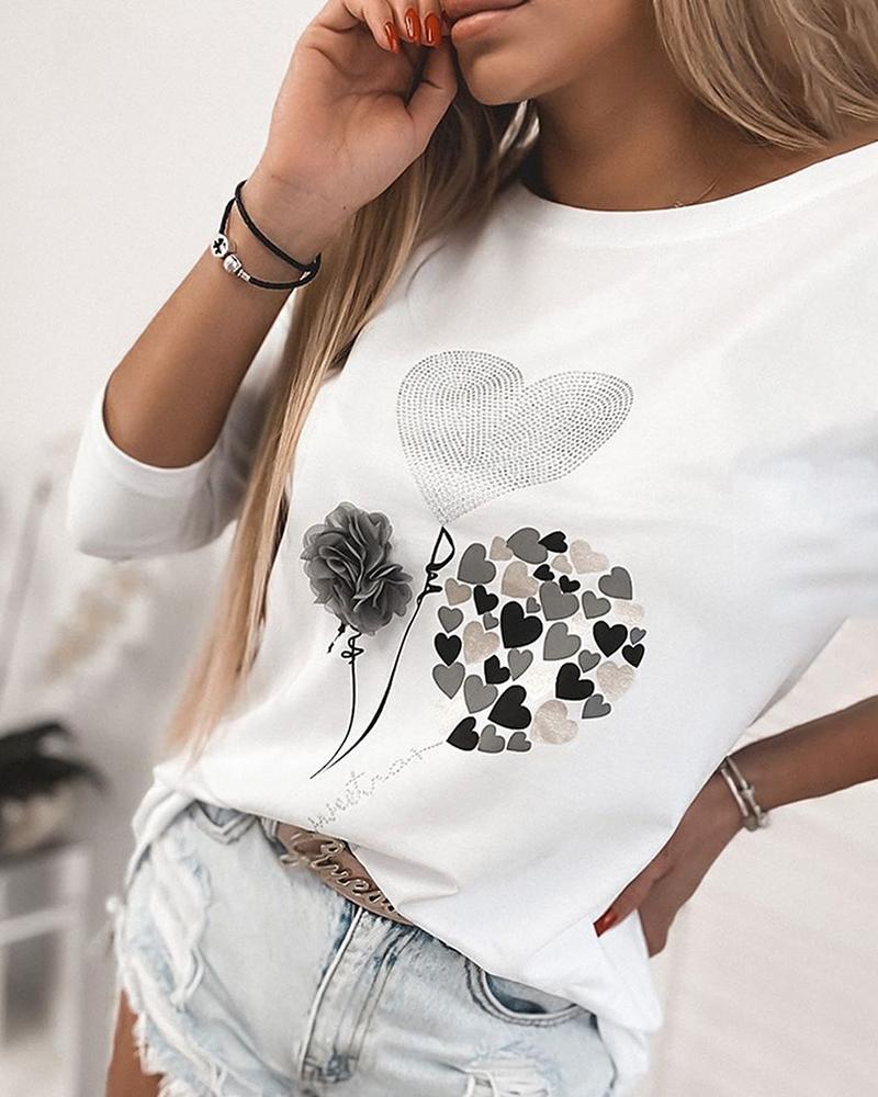

Heart Print Studded Long Sleeve Casual T-shirt, White