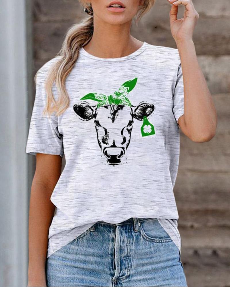

Leaf Letter Print Short Sleeve Cotton T-Shirt, Style4