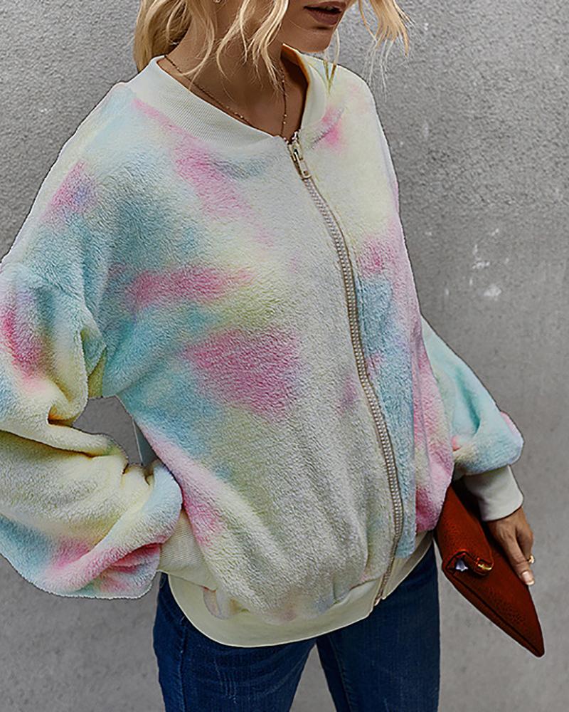 

Tie Dye Print Fluffy Zipper Design Coat, Beige