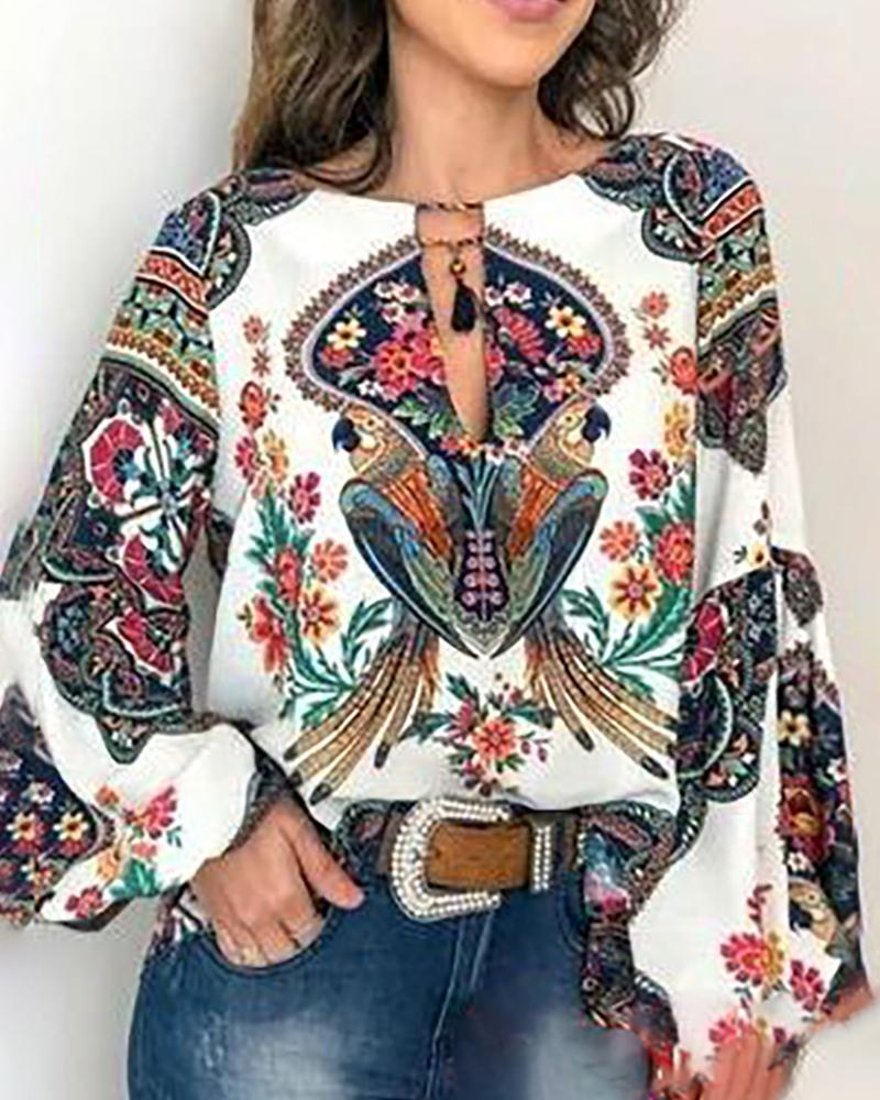 

Exotic Print O-neck Lantern Sleeve Shirt, White