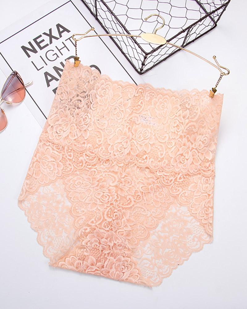 

High Waist Floral Lace Transparent Underwear, Nude