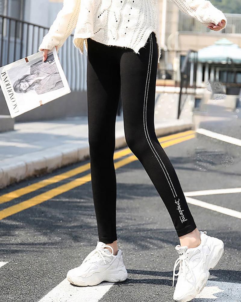 

Letter Print Studded High Waist Skinny Pants, Style1