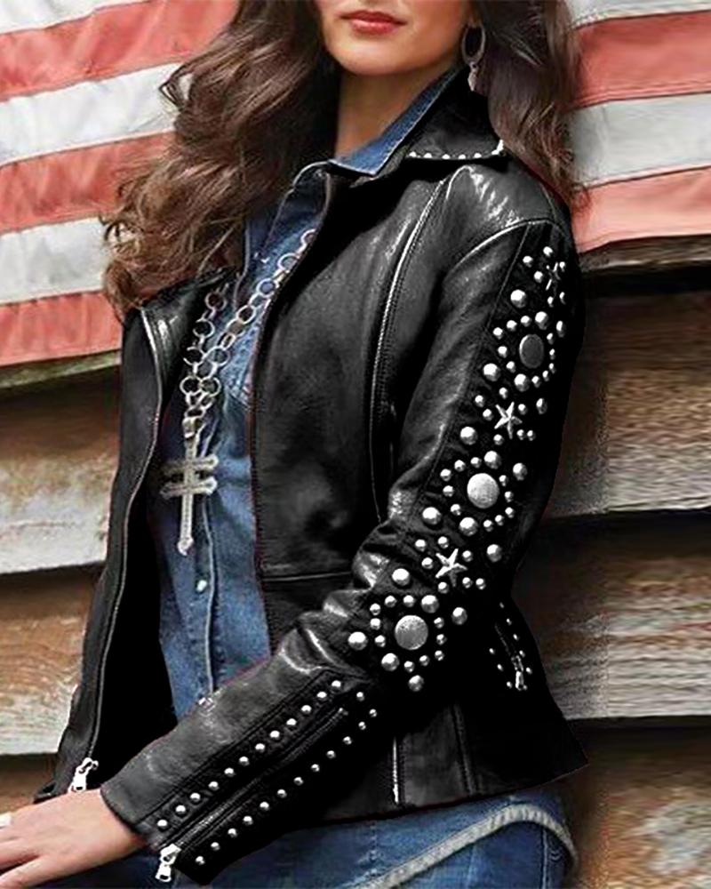 

Star Ring Pattern Beaded PU Jacket, Black