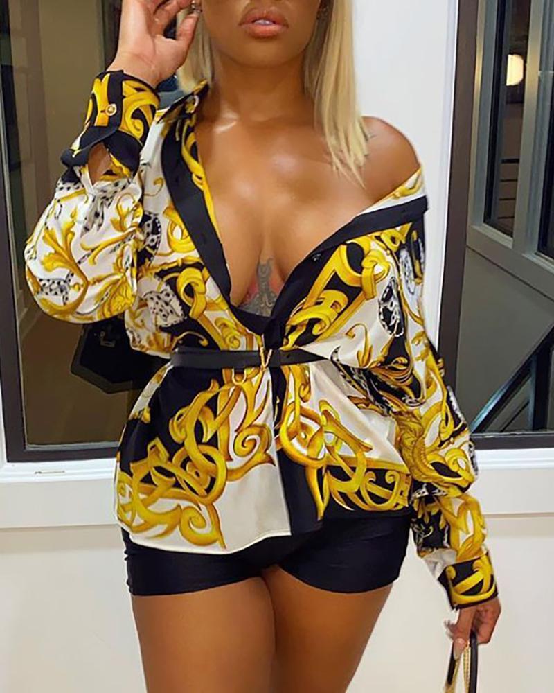 

Scarf Print Long Sleeve Shirt, Yellow