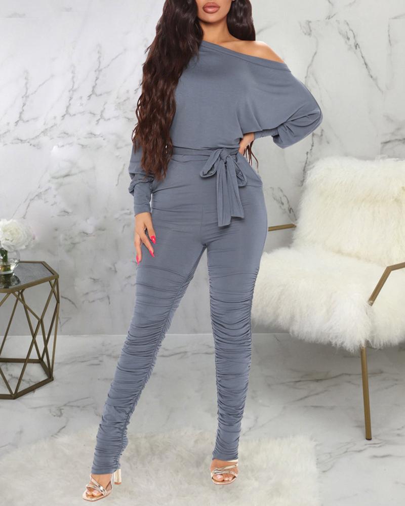 

Long Sleeve Tied Detail Ruched Jumpsuit, Gray