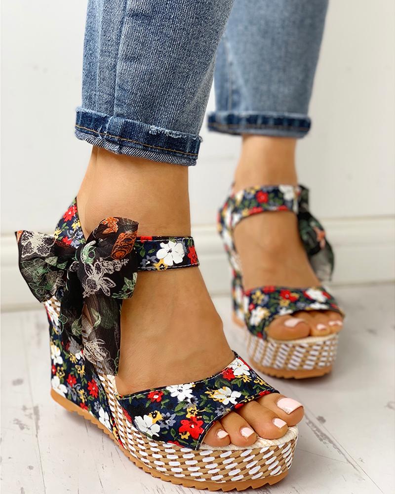 Floral Bowknot Design Platform Wedge Sandals