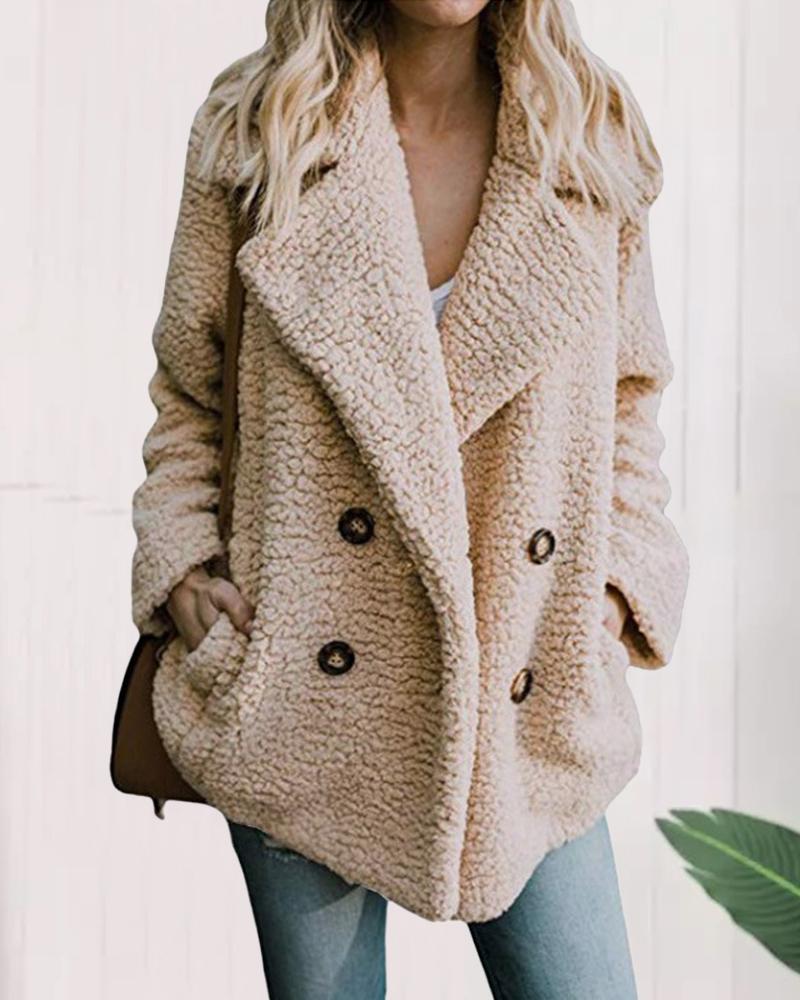 

Double Breasted Pocket Design Long Sleeve Teddy Coat, Khaki