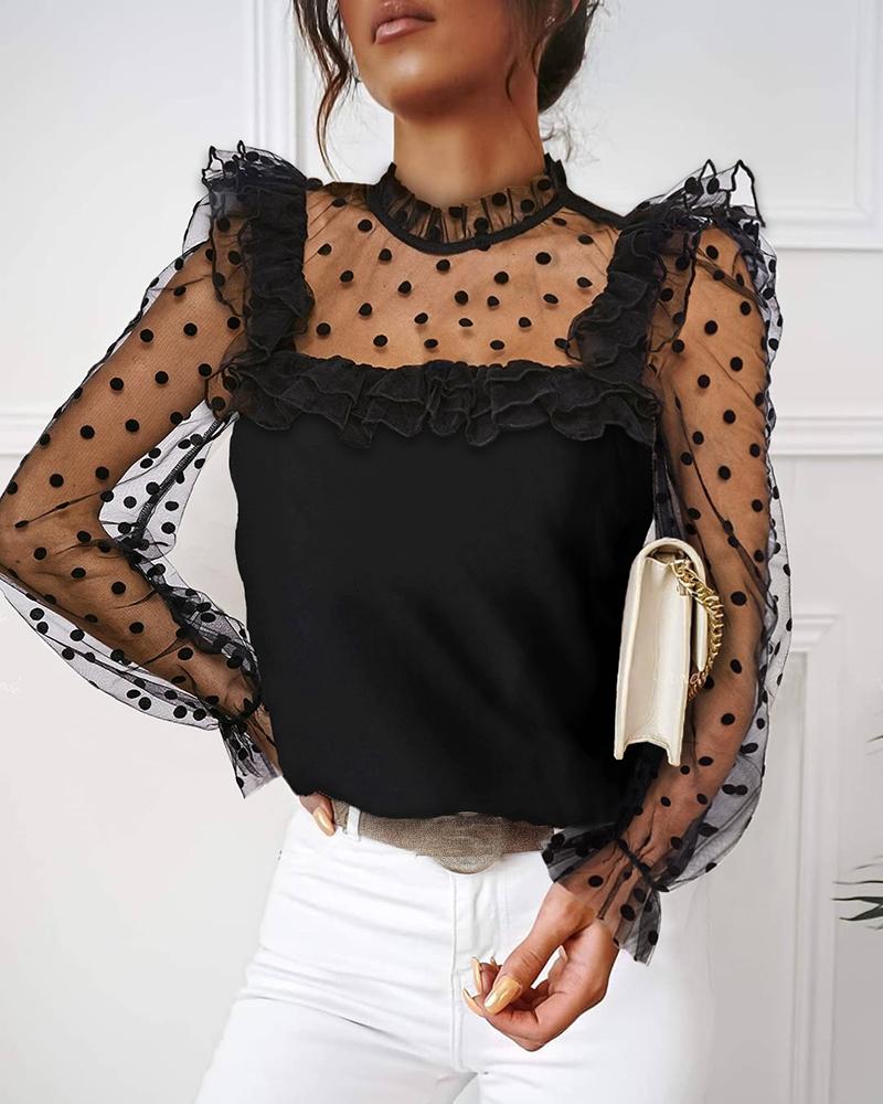 

Dot Mesh Ruffles Long Sleeve Top, Black