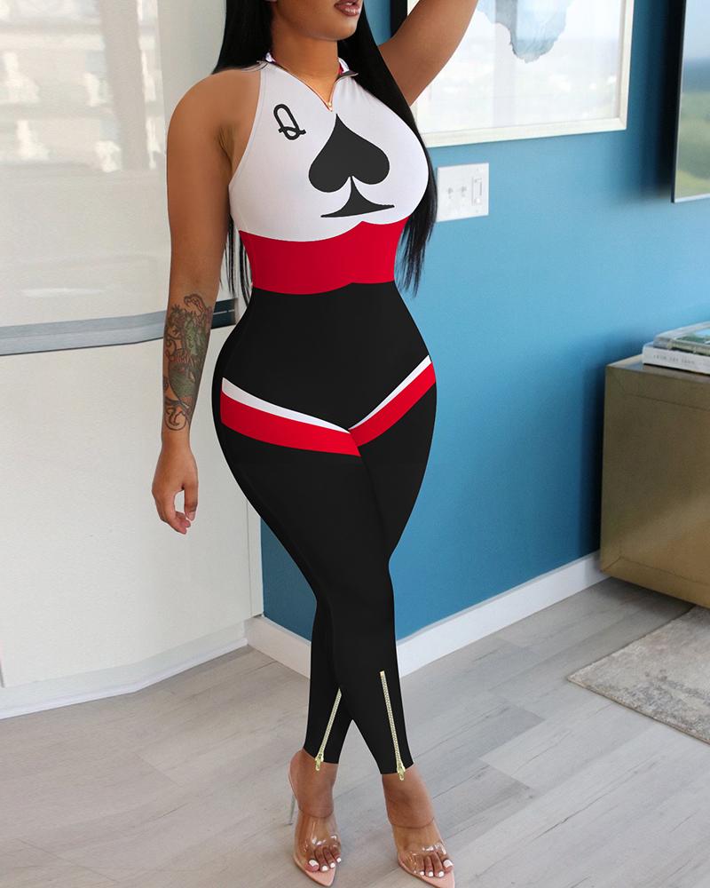 

Poker Print Colorblock Cutout Waist Jumpsuit, Black