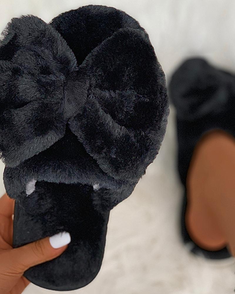 

Bowknot Fluffy Slippers, Black