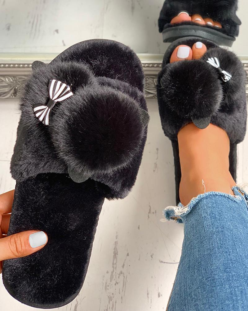 

Fluffy Pom Pom Bowknot Embellished Open Toe Flat Slippers, Black
