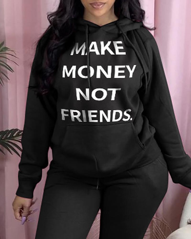 

Letter Print Pocket Design Hooded Sweatshirt, Black