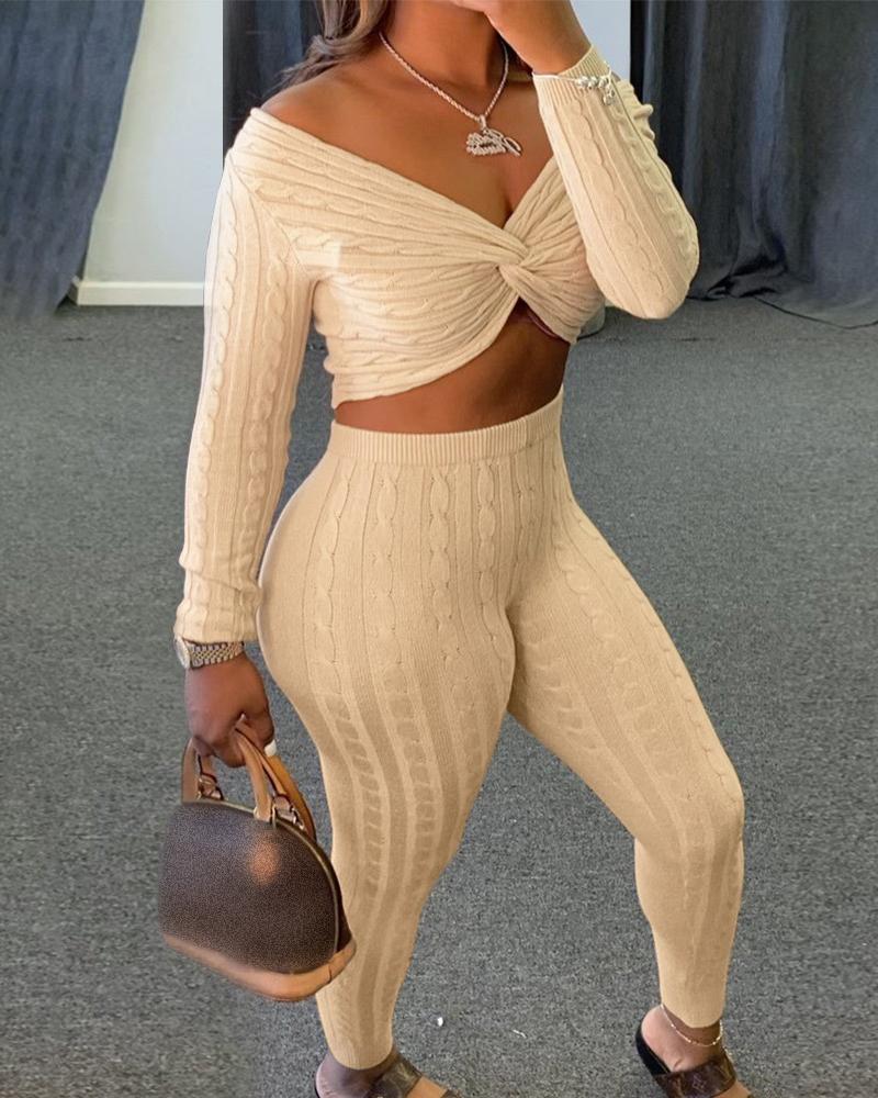 

Cable Knit Ribbed Twisted Crop Top & Pants Set, Apricot