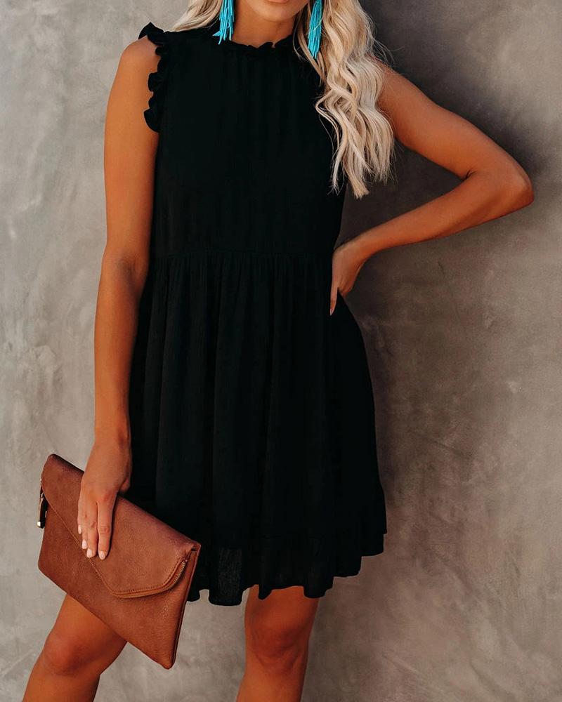 

Frill Hem Ruched Sleeveless Casual Dress, Black