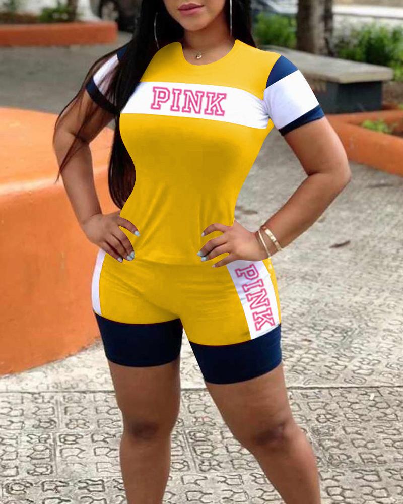 

Colorblock Print T-shirt Shorts Sports Set, Yellow