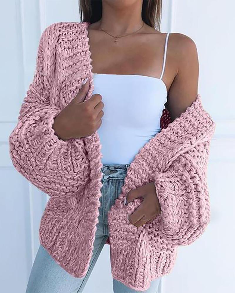 

Lantern Sleeve Solid Knitted Cardigan, Pink