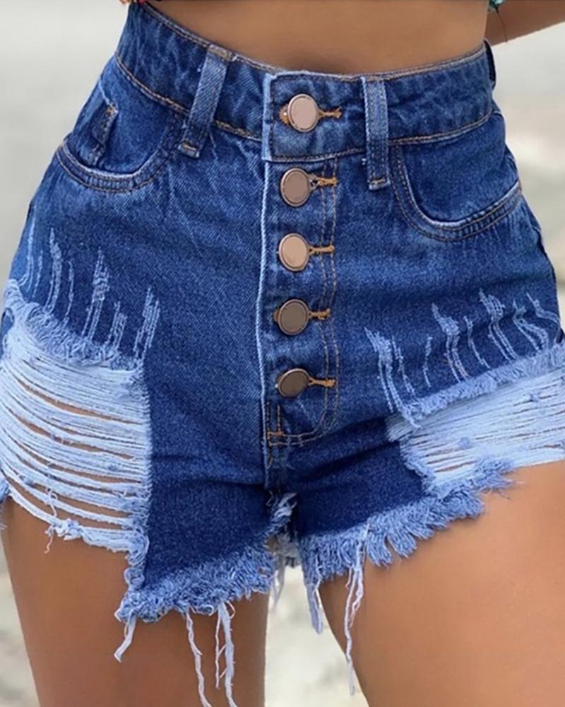 

Ripped Button Design Denim Shorts, Blue