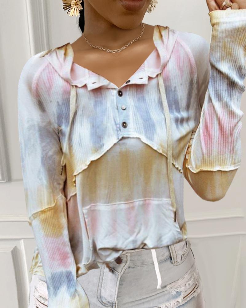 

Tie Dye Print Button Design Hoodies, Yellow
