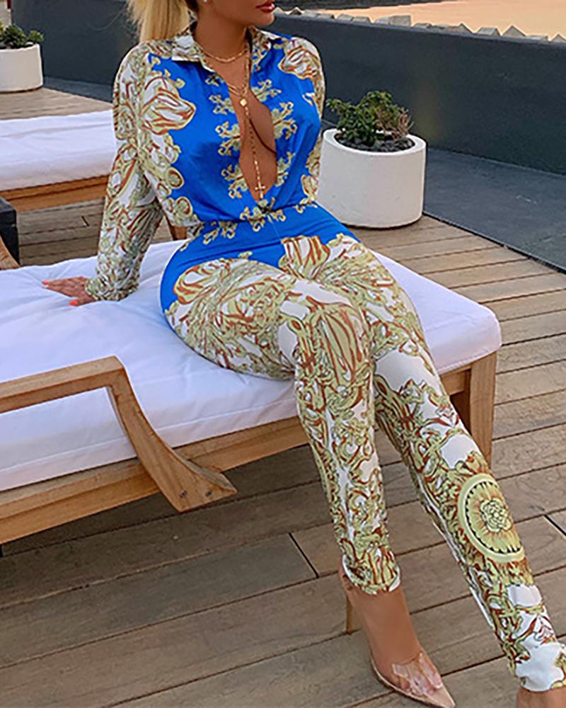 

Retro Print Colorblock Plunge Top & Pants Set, Blue