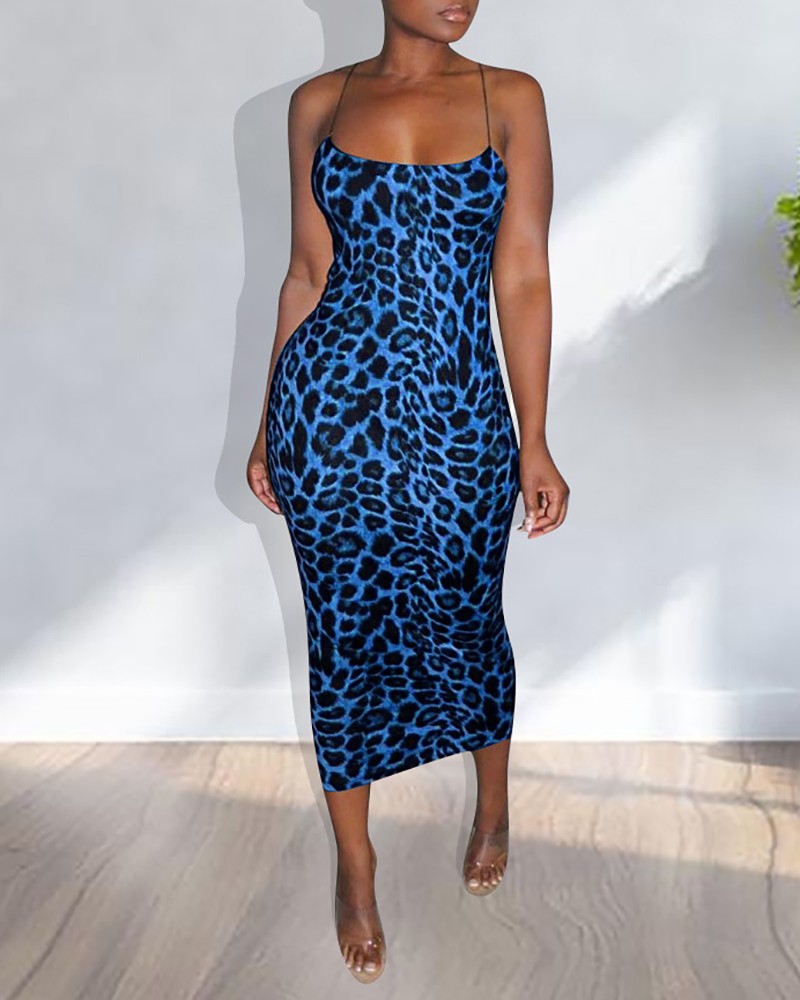 spaghetti strap leopard print bodycon dress