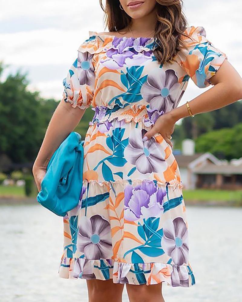 

Off Shoulder Floral Print Dress, Blue