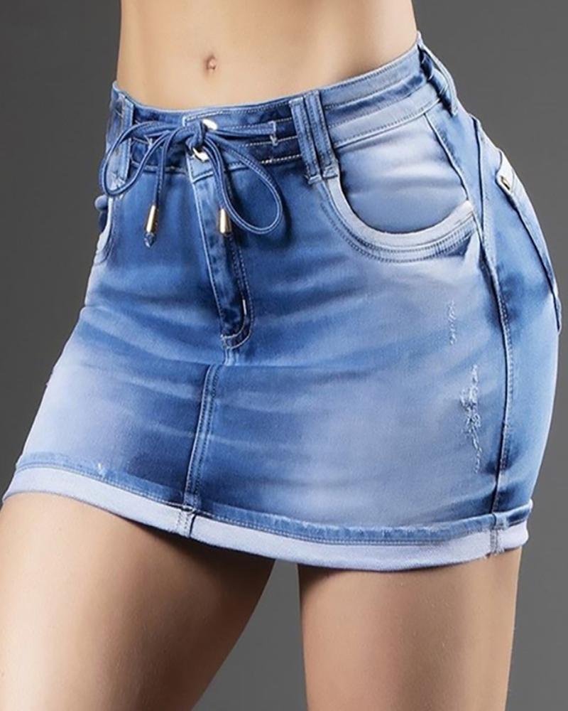

Drawstring Ripped Colorblock Mid-waist Denim Skirt, Blue