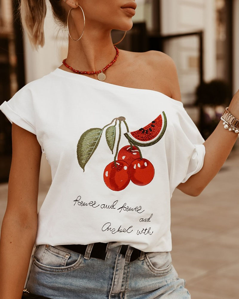 

Fruit Print Round Neck T-Shirt, White