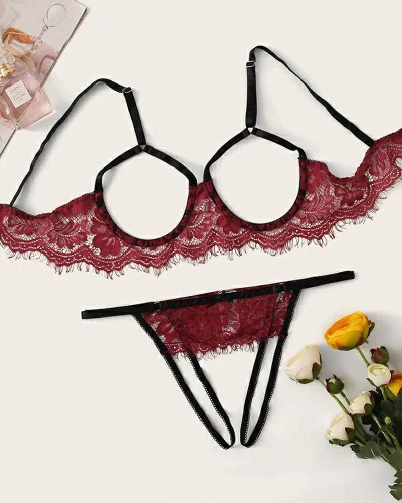 

Eyelash Lace Cutout Lingerie Set, Red