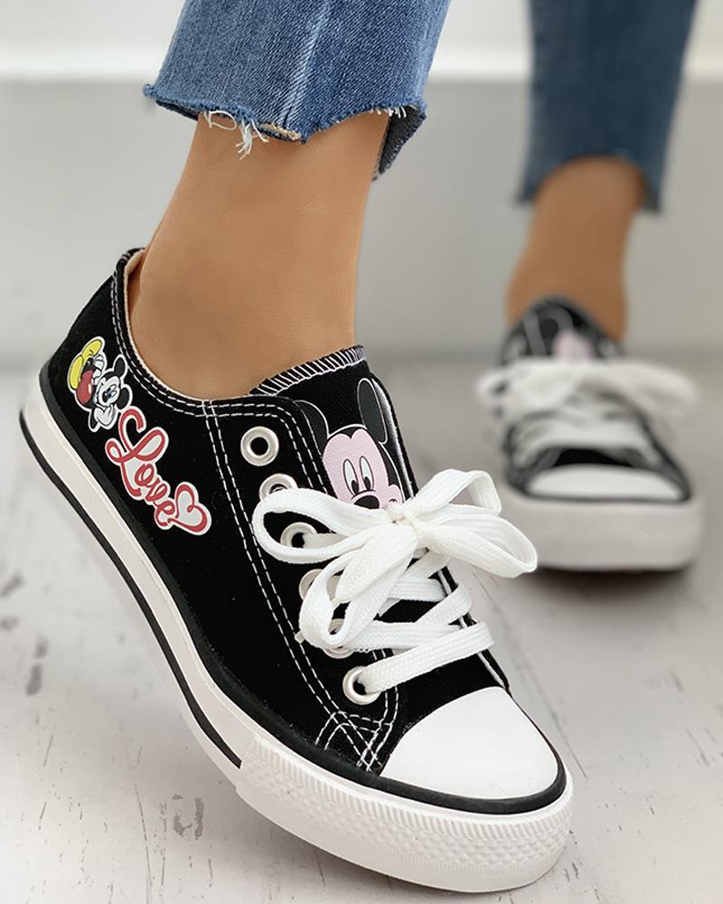 

Cartoon Pattern Eyelet Lace-up Breathable Casual Sneakers, Black