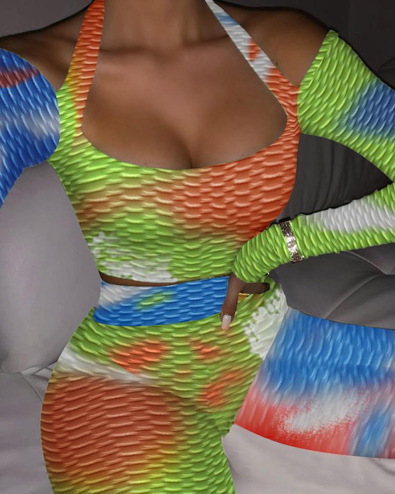 

Tie Dye Print Bubble Textured Cold Shoulder Top & Pants Set, Multicolor