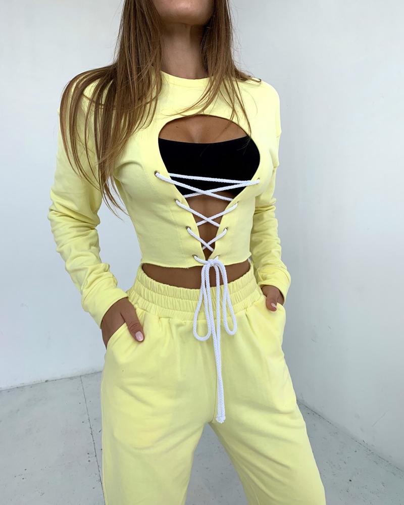 

Eyelet Lace-up Long Sleeve Crop Top & Pockets Pants Set, Light yellow